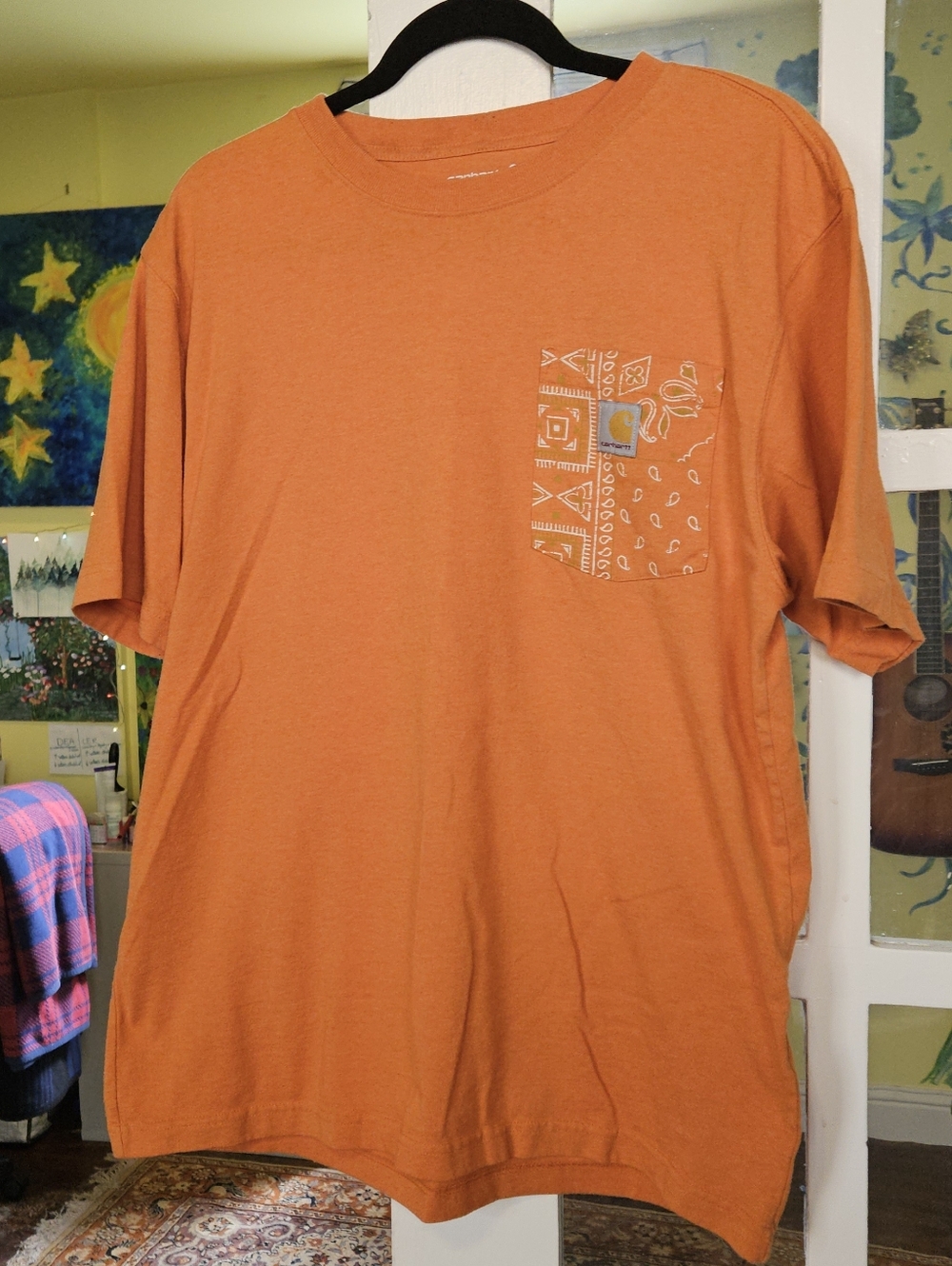 Carhartt Men's Short-Sleeve Pocket Tee in Orange with Bandana Patterned Pocket